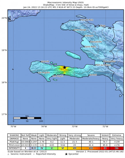 Macroseismic Intensity Map for the Anse-à-veau, Haiti 5.3m Earthquake, Monday Jan. 24 2022, 8:16:23 AM