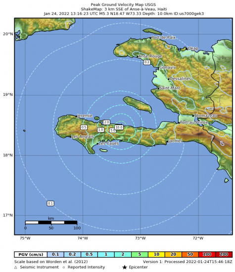 Peak Ground Velocity Map for the Anse-à-veau, Haiti 5.3m Earthquake, Monday Jan. 24 2022, 8:16:23 AM