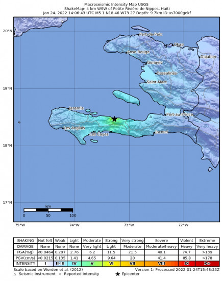 Macroseismic Intensity Map for the Petite Rivière De Nippes, Haiti 5.1m Earthquake, Monday Jan. 24 2022, 9:06:43 AM