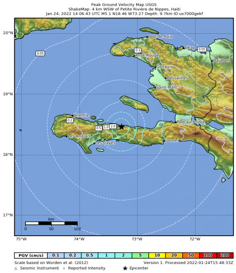 Peak Ground Velocity Map for the Petite Rivière De Nippes, Haiti 5.1m Earthquake, Monday Jan. 24 2022, 9:06:43 AM