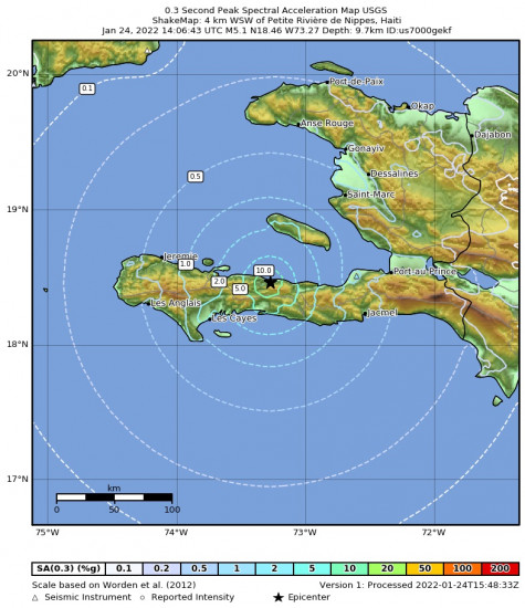 0.3 Second Peak Spectral Acceleration Map for the Petite Rivière De Nippes, Haiti 5.1m Earthquake, Monday Jan. 24 2022, 9:06:43 AM