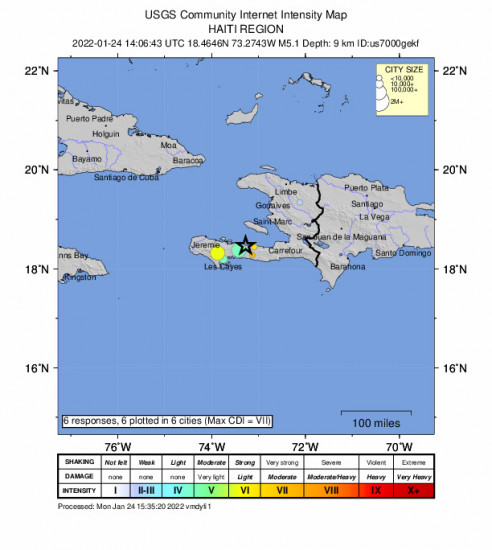 Community Internet Intensity Map for the Petite Rivière De Nippes, Haiti 5.1m Earthquake, Monday Jan. 24 2022, 9:06:43 AM