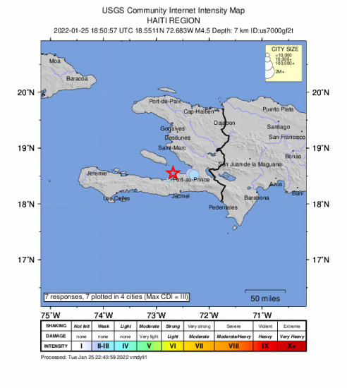 Community Internet Intensity Map for the Léogâne, Haiti 4.5m Earthquake, Tuesday Jan. 25 2022, 1:50:57 PM