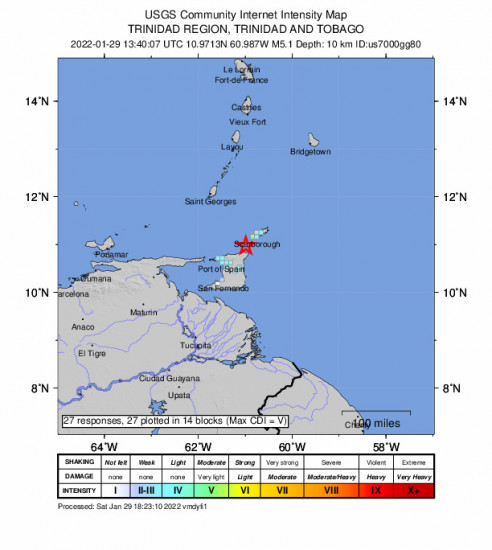 GEO Community Internet Intensity Map for the Scarborough, Trinidad And Tobago 5.1m Earthquake, Saturday Jan. 29 2022, 9:40:07 AM