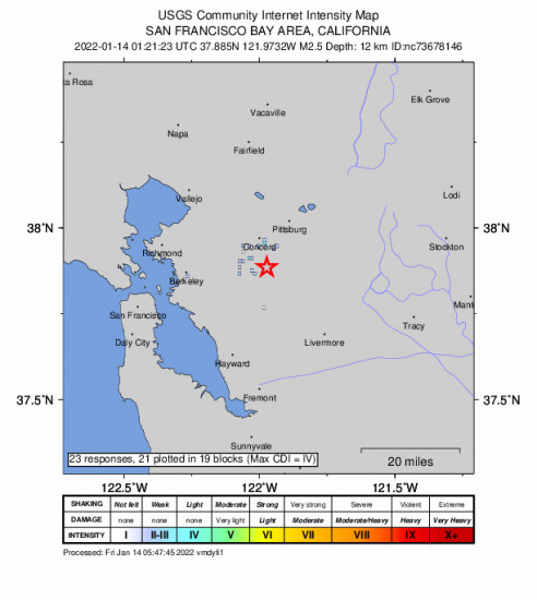 GEO Community Internet Intensity Map for the Diablo, Ca 2.45m Earthquake, Thursday Jan. 13 2022, 5:21:23 PM