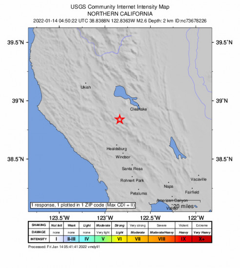 Community Internet Intensity Map for the The Geysers, Ca 2.64m Earthquake, Thursday Jan. 13 2022, 8:50:22 PM