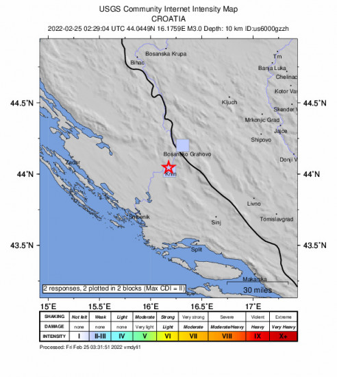 GEO Community Internet Intensity Map for the Knin, Croatia 3m Earthquake, Friday Feb. 25 2022, 3:29:04 AM