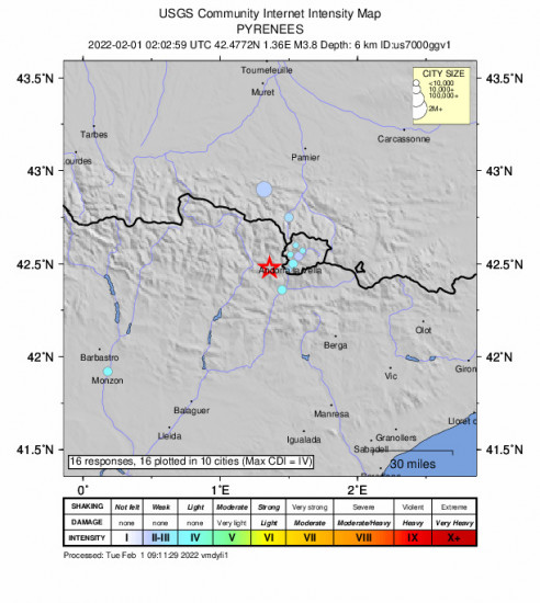 Community Internet Intensity Map for the Farrera, Spain 3.8m Earthquake, Tuesday Feb. 01 2022, 3:02:59 AM