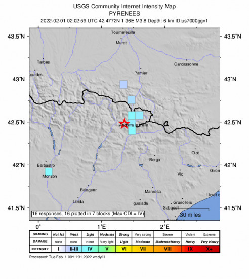 GEO Community Internet Intensity Map for the Farrera, Spain 3.8m Earthquake, Tuesday Feb. 01 2022, 3:02:59 AM