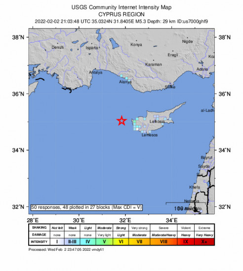 GEO Community Internet Intensity Map for the Pégeia, Cyprus 5.3m Earthquake, Wednesday Feb. 02 2022, 11:03:48 PM