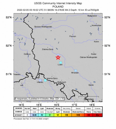 GEO Community Internet Intensity Map for the Grębocice, Poland 4.3m Earthquake, Saturday Feb. 05 2022, 6:19:02 AM