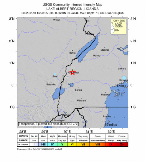 Community Internet Intensity Map for the Fort Portal, Uganda 4.8m Earthquake, Sunday Feb. 13 2022, 7:28:35 PM