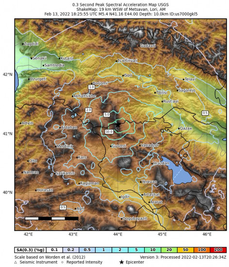 0.3 Second Peak Spectral Acceleration Map for the Metsavan, Armenia 5.4m Earthquake, Sunday Feb. 13 2022, 10:25:55 PM