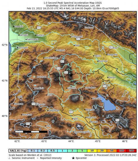 1 Second Peak Spectral Acceleration Map for the Metsavan, Armenia 5.4m Earthquake, Sunday Feb. 13 2022, 10:25:55 PM
