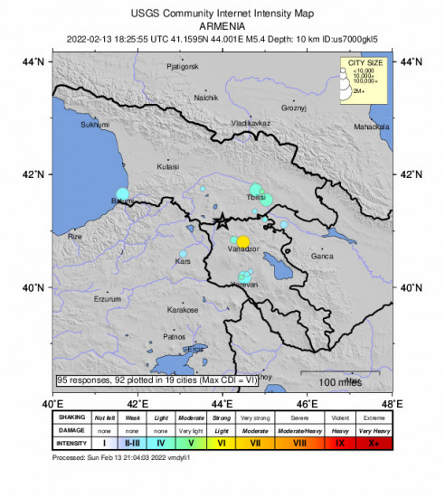Community Internet Intensity Map for the Metsavan, Armenia 5.4m Earthquake, Sunday Feb. 13 2022, 10:25:55 PM