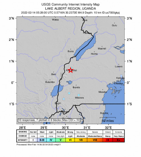 GEO Community Internet Intensity Map for the Fort Portal, Uganda 4.9m Earthquake, Monday Feb. 14 2022, 8:28:00 AM