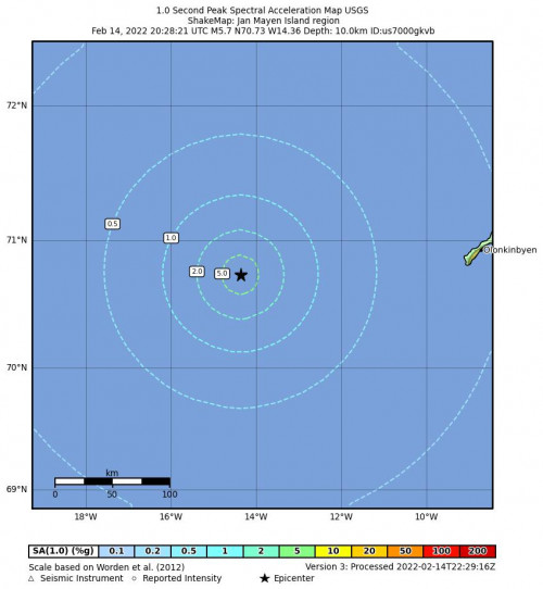 1 Second Peak Spectral Acceleration Map for the Olonkinbyen, Svalbard And Jan Mayen 5.7m Earthquake, Monday Feb. 14 2022, 9:28:21 PM