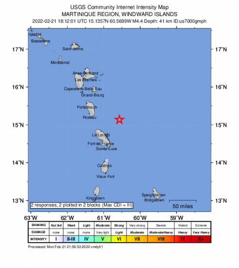 GEO Community Internet Intensity Map for the Sainte-marie, Martinique 4.4m Earthquake, Monday Feb. 21 2022, 2:12:01 PM