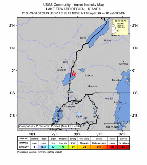 Community Internet Intensity Map for the Lake Edward Region, Uganda 4.6m Earthquake, Sunday Mar. 06 2022, 11:59:49 AM