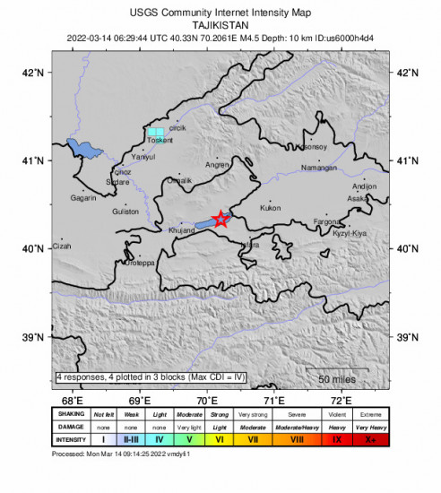 GEO Community Internet Intensity Map for the Konibodom, Tajikistan 4.5m Earthquake, Monday Mar. 14 2022, 11:29:44 AM