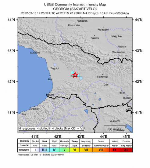GEO Community Internet Intensity Map for the Kutaisi, Georgia 4.7m Earthquake, Tuesday Mar. 15 2022, 4:25:59 PM
