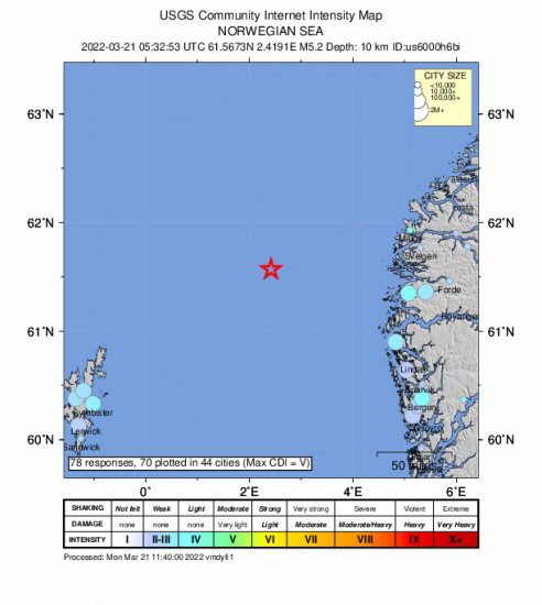 Community Internet Intensity Map for the Florø, Norway 5.2m Earthquake, Monday Mar. 21 2022, 5:32:53 AM