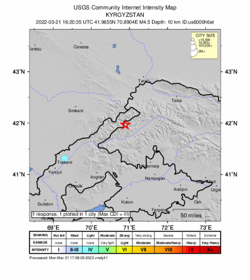 Community Internet Intensity Map for the Zhabagly, Kazakhstan 4.5m Earthquake, Monday Mar. 21 2022, 10:20:35 PM