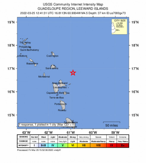 Community Internet Intensity Map for the Beauséjour, Guadeloupe 4.5m Earthquake, Friday Mar. 25 2022, 8:41:31 AM