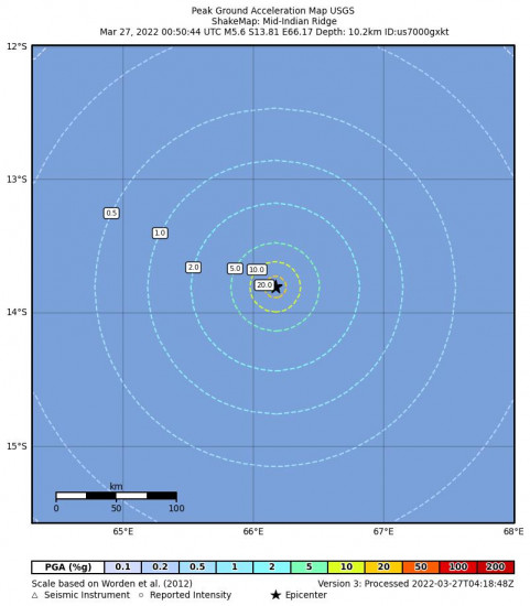 Peak Ground Acceleration Map for the Mid-indian Ridge 5.6m Earthquake, Sunday Mar. 27 2022, 5:50:44 AM