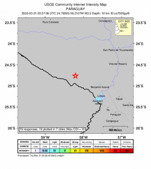 Community Internet Intensity Map for the Argentina-paraguay Border Region 3.5m Earthquake, Wednesday Mar. 30 2022, 8:57:06 PM