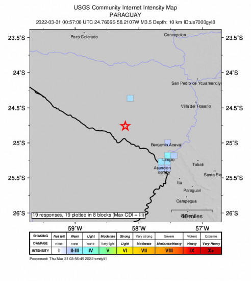 GEO Community Internet Intensity Map for the Argentina-paraguay Border Region 3.5m Earthquake, Wednesday Mar. 30 2022, 8:57:06 PM