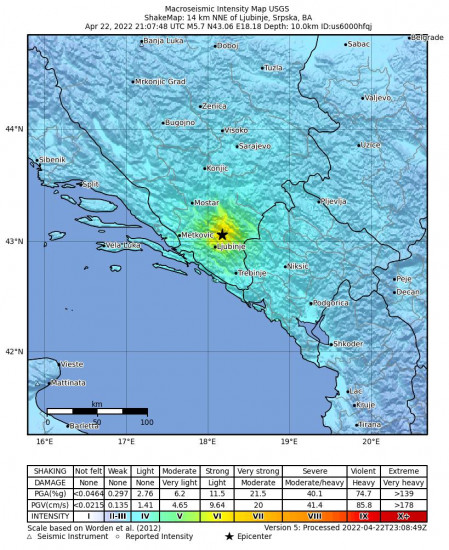 Macroseismic Intensity Map for the Ljubinje, Bosnia And Herzegovina 5.7m Earthquake, Friday Apr. 22 2022, 11:07:48 PM