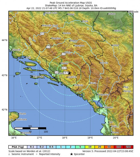 Peak Ground Acceleration Map for the Ljubinje, Bosnia And Herzegovina 5.7m Earthquake, Friday Apr. 22 2022, 11:07:48 PM