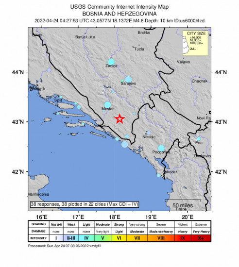 Community Internet Intensity Map for the Ljubinje, Bosnia And Herzegovina 4.8m Earthquake, Sunday Apr. 24 2022, 6:27:53 AM