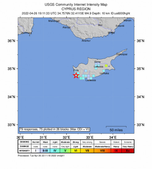 GEO Community Internet Intensity Map for the Paphos, Cyprus 4.9m Earthquake, Tuesday Apr. 26 2022, 10:11:33 PM