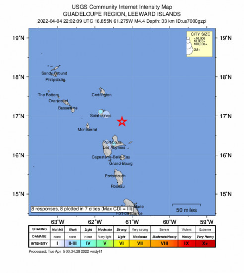 Community Internet Intensity Map for the Anse-bertrand, Guadeloupe 4.4m Earthquake, Monday Apr. 04 2022, 6:02:09 PM