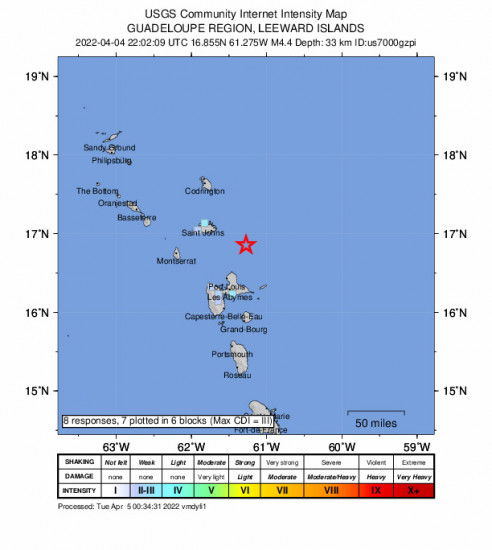 GEO Community Internet Intensity Map for the Anse-bertrand, Guadeloupe 4.4m Earthquake, Monday Apr. 04 2022, 6:02:09 PM