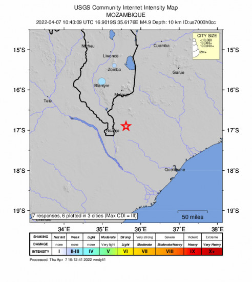 Community Internet Intensity Map for the Nsanje, Malawi 4.9m Earthquake, Thursday Apr. 07 2022, 12:43:09 PM
