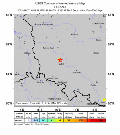 GEO Community Internet Intensity Map for the Polkowice, Poland 4.7m Earthquake, Thursday Apr. 07 2022, 6:58:46 PM
