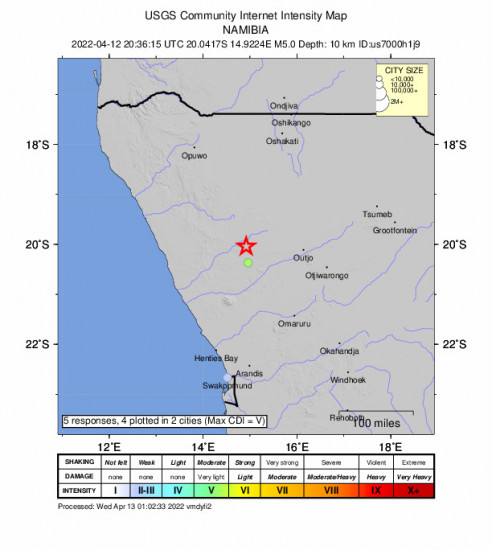 Community Internet Intensity Map for the Khorixas, Namibia 5m Earthquake, Tuesday Apr. 12 2022, 10:36:15 PM