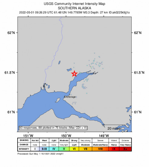 GEO Community Internet Intensity Map for the Knik, Alaska 3.3m Earthquake, Sunday May. 01 2022, 1:26:29 AM