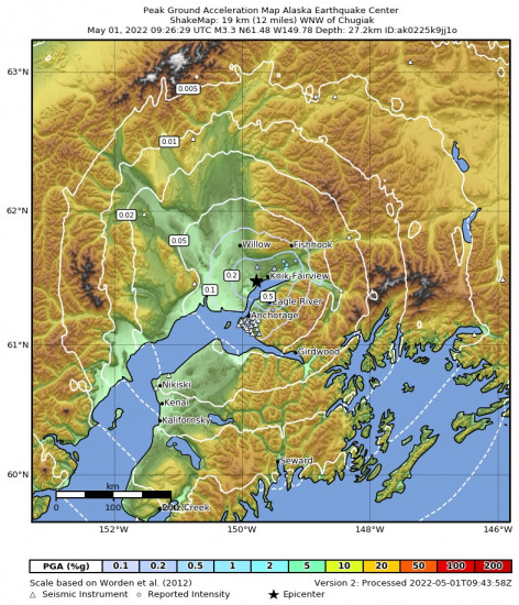 Peak Ground Acceleration Map for the Knik, Alaska 3.3m Earthquake, Sunday May. 01 2022, 1:26:29 AM