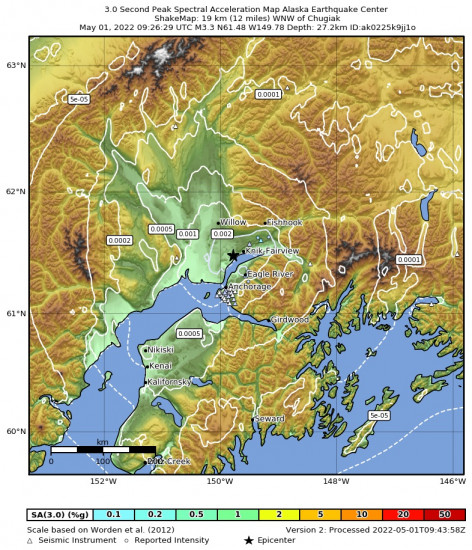 3 Second Peak Spectral Acceleration Map for the Knik, Alaska 3.3m Earthquake, Sunday May. 01 2022, 1:26:29 AM