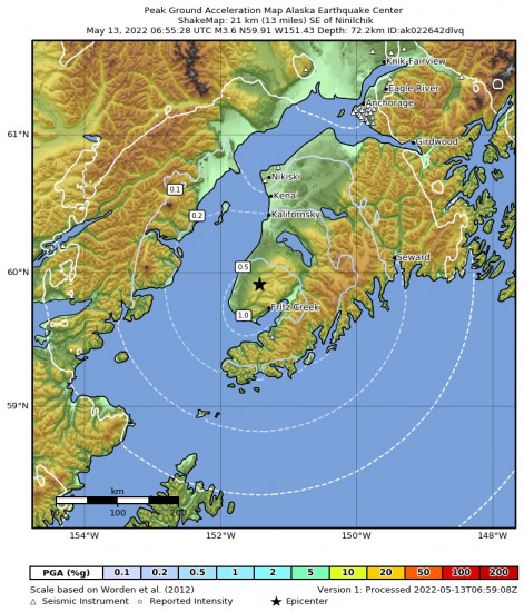 Peak Ground Acceleration Map for the Nikolaevsk, Alaska 3.6m Earthquake, Thursday May. 12 2022, 10:55:29 PM