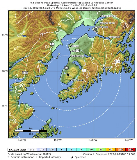 0.3 Second Peak Spectral Acceleration Map for the Nikolaevsk, Alaska 3.6m Earthquake, Thursday May. 12 2022, 10:55:29 PM