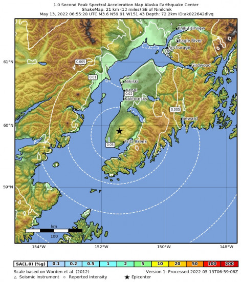 1 Second Peak Spectral Acceleration Map for the Nikolaevsk, Alaska 3.6m Earthquake, Thursday May. 12 2022, 10:55:29 PM
