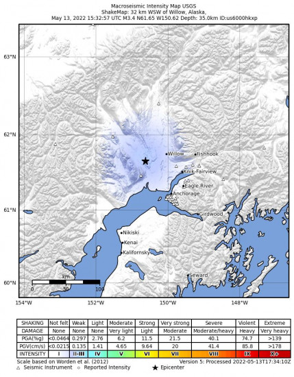 Macroseismic Intensity Map for the Susitna, Alaska 3.3m Earthquake, Friday May. 13 2022, 7:32:57 AM