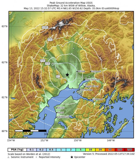 Peak Ground Acceleration Map for the Susitna, Alaska 3.3m Earthquake, Friday May. 13 2022, 7:32:57 AM