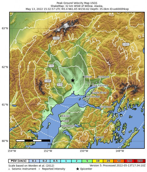 Peak Ground Velocity Map for the Susitna, Alaska 3.3m Earthquake, Friday May. 13 2022, 7:32:57 AM