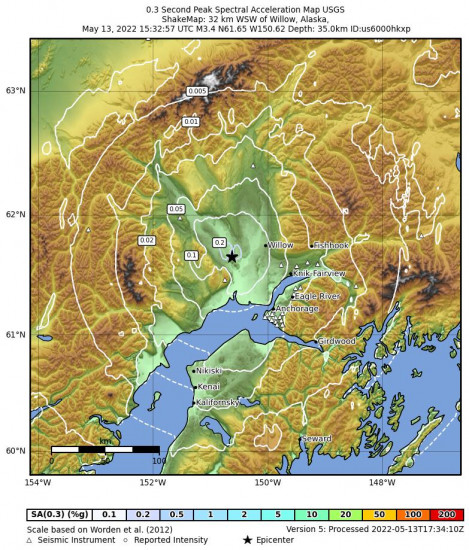 0.3 Second Peak Spectral Acceleration Map for the Susitna, Alaska 3.3m Earthquake, Friday May. 13 2022, 7:32:57 AM